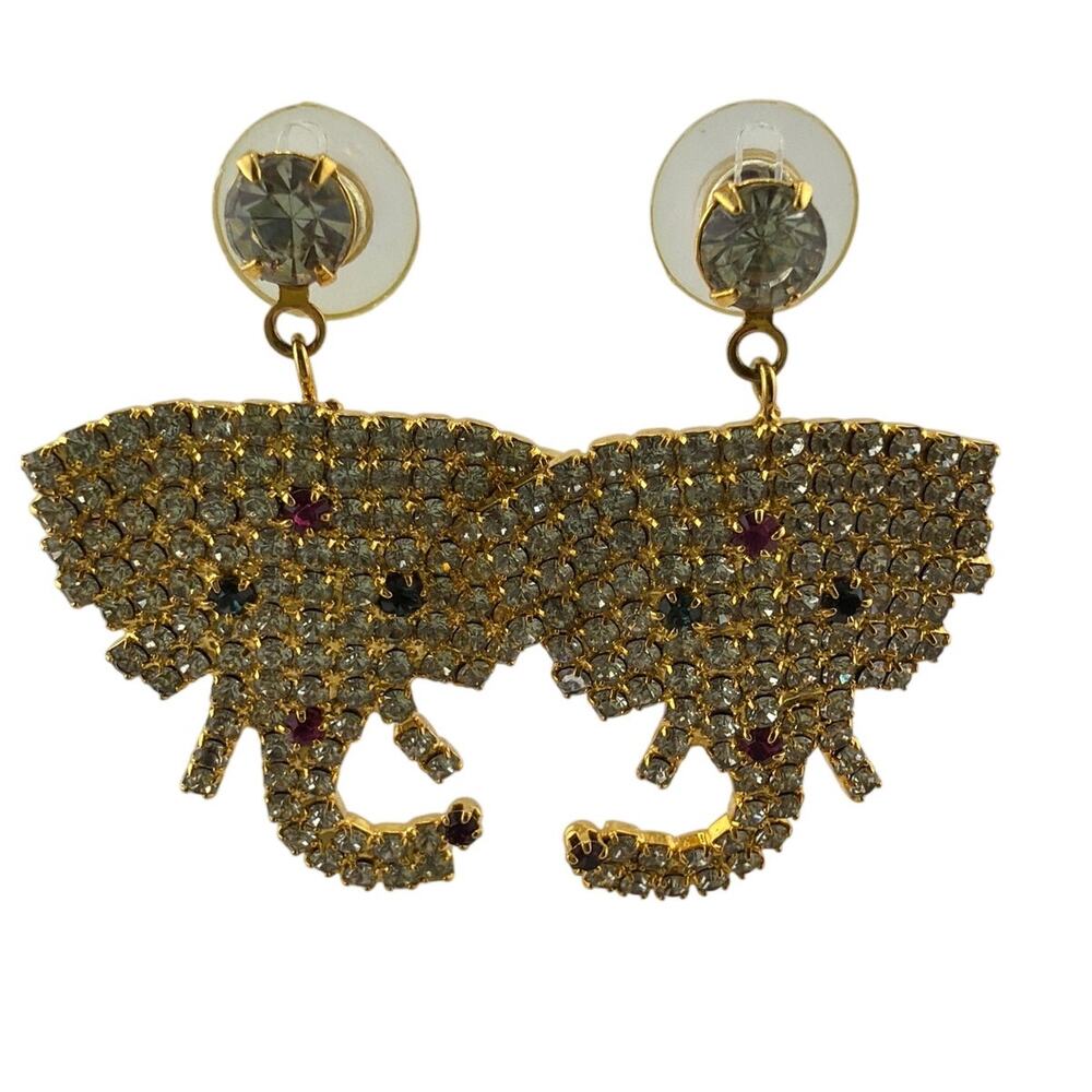 Vintage Gold Tone Pave Rhinestone Elephant Stud Earrings